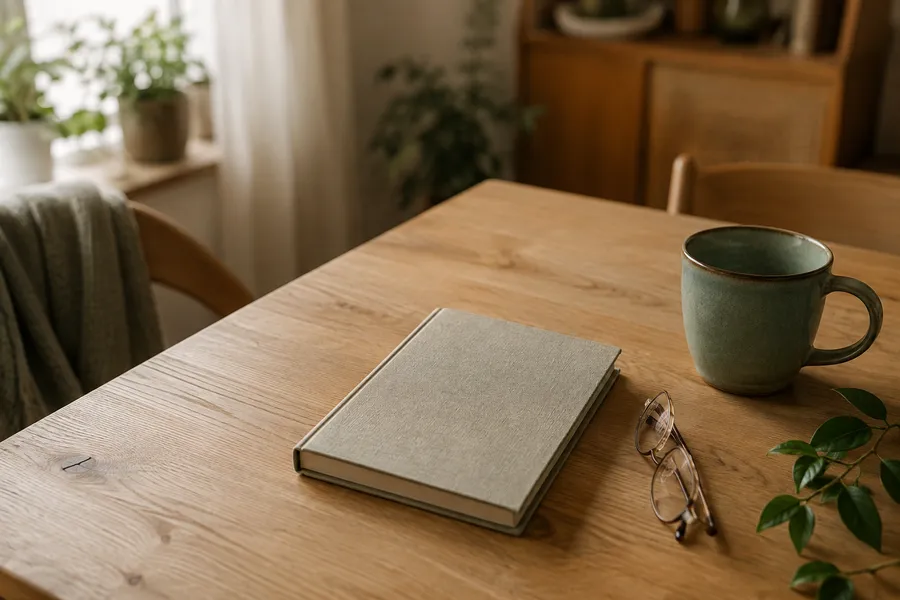 Закрытая книжка в обложке, очки и чашка на деревянном столе
